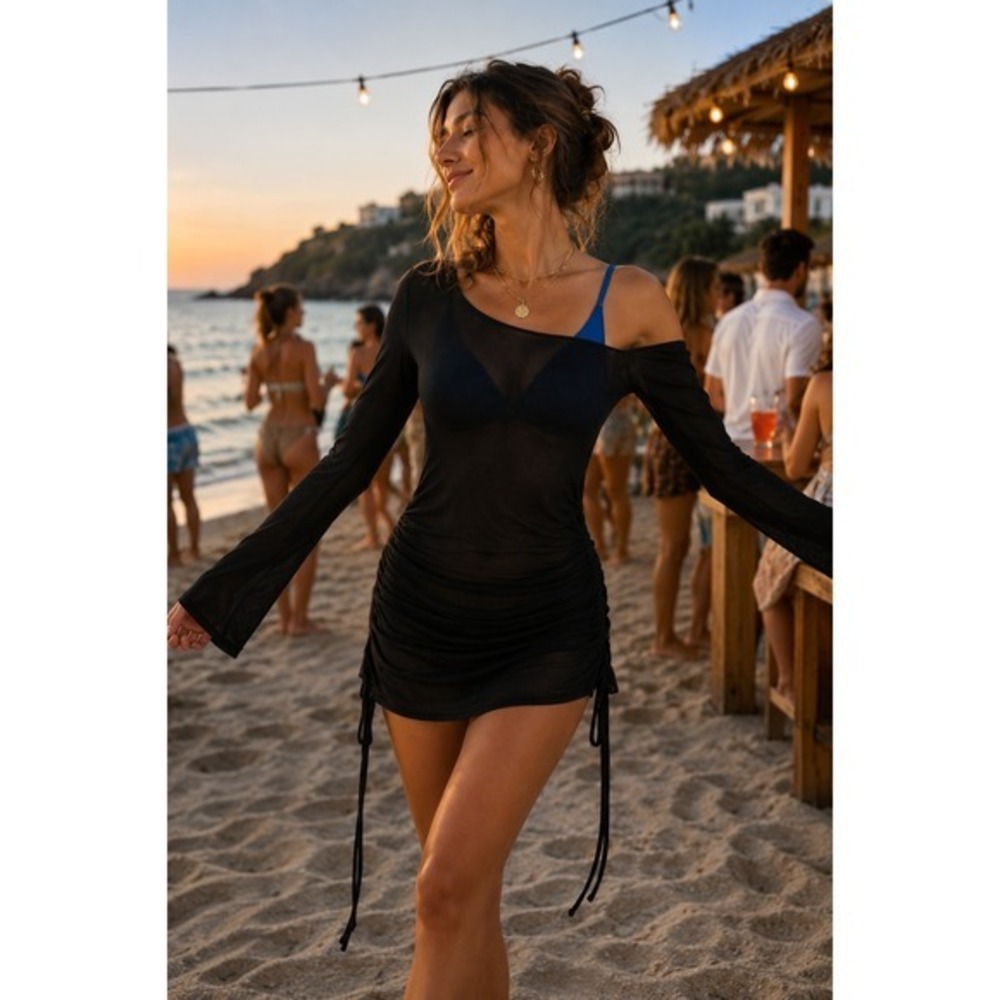 Commense Black One Shoulder Ruched Sheer Mesh Cover Up Mini Dress Size S